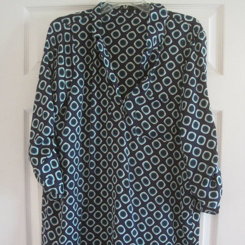 ZARA BASICS NAVY AND GREEN AND WHITE GEOMETRIC PRINT DRESS XL NWOT $69.00